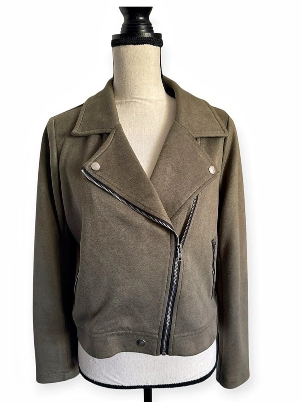 Allegra K Faux Moto Jacket in Olive Green Faux Suede Size Medium